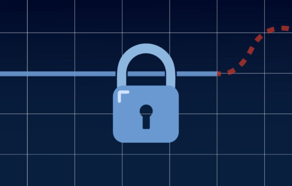 Padlock placed on a straight line before it curves upward, symbolising a fixed-rate mortgage protecting against future rate increases.