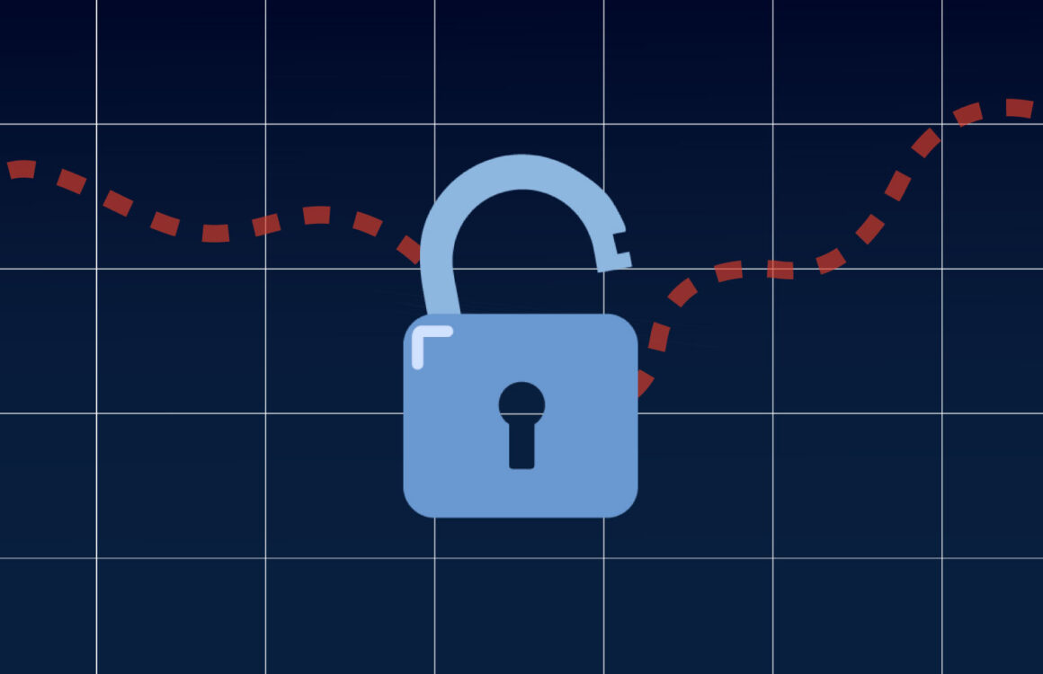 Open padlock placed on a fluctuating line curving upwards and downwards, symbolising a variable-rate mortgage.