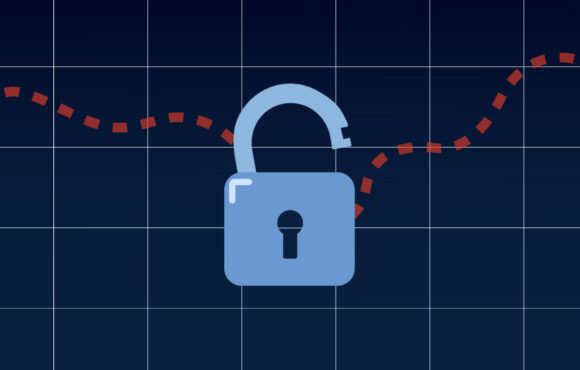 Open padlock placed on a fluctuating line curving upwards and downwards, symbolising a variable-rate mortgage.